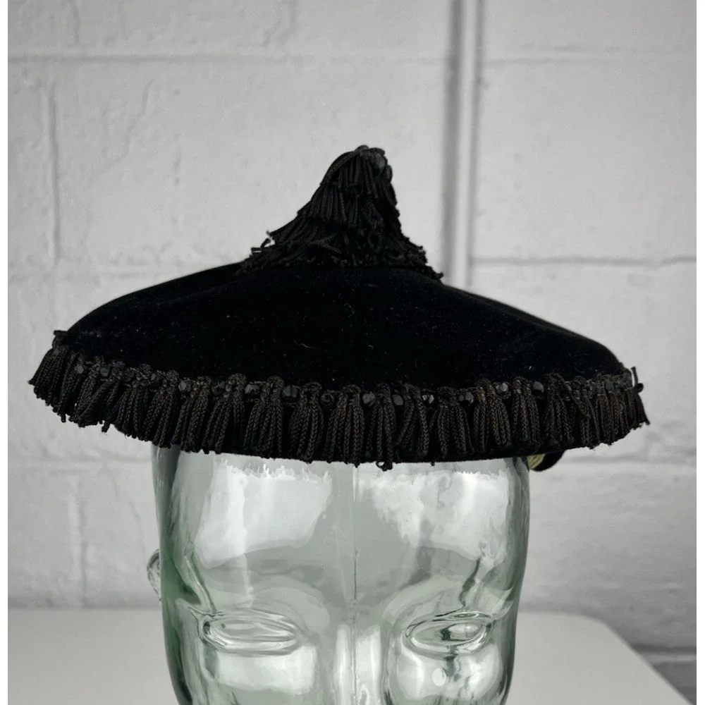 Black Velvet Cocktail Hat Headband Tassel Fringe Flechet France Vintage Evening